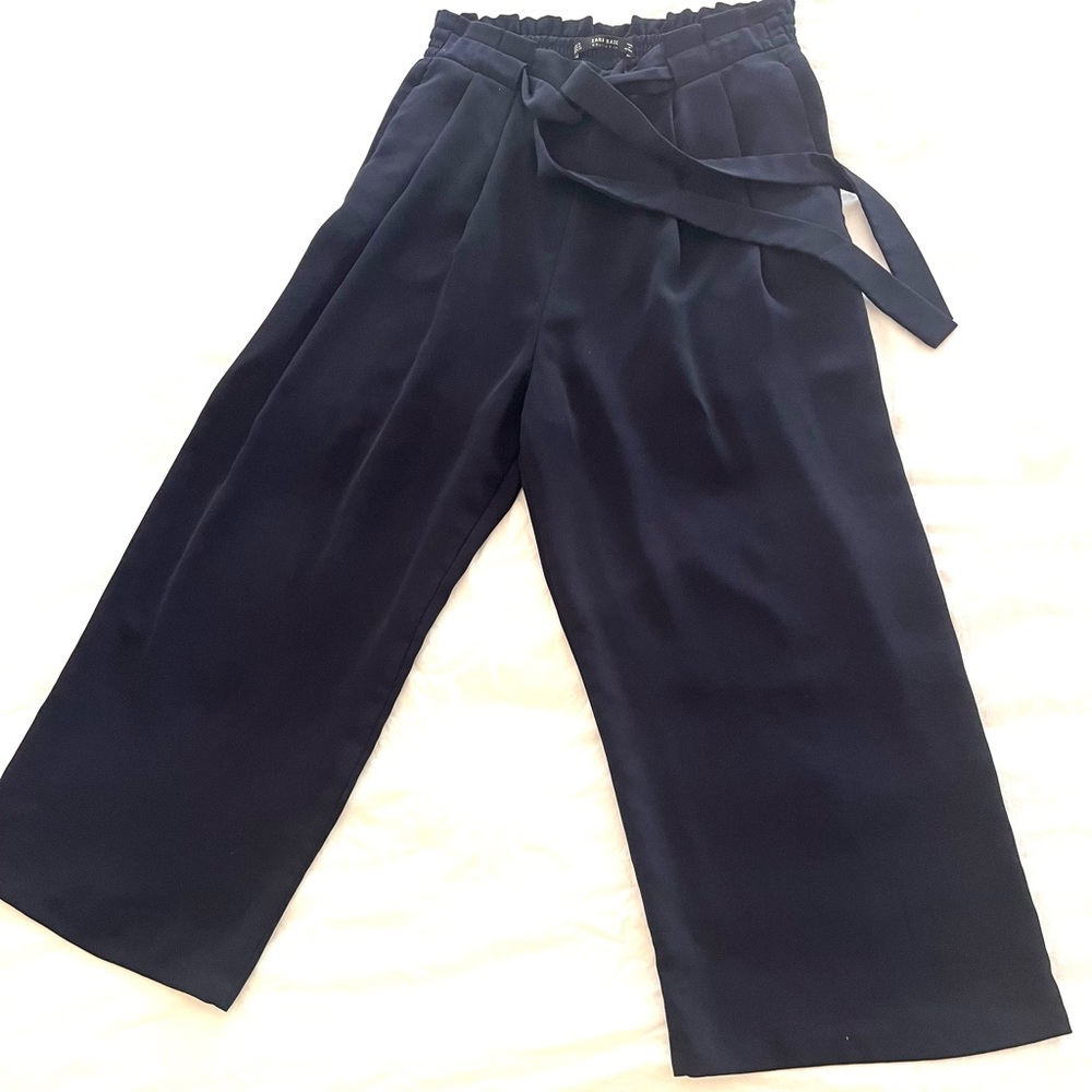 ZARA Basics Wide Leg Crop Navy Blue Pants Tie Belted Pleats Medium